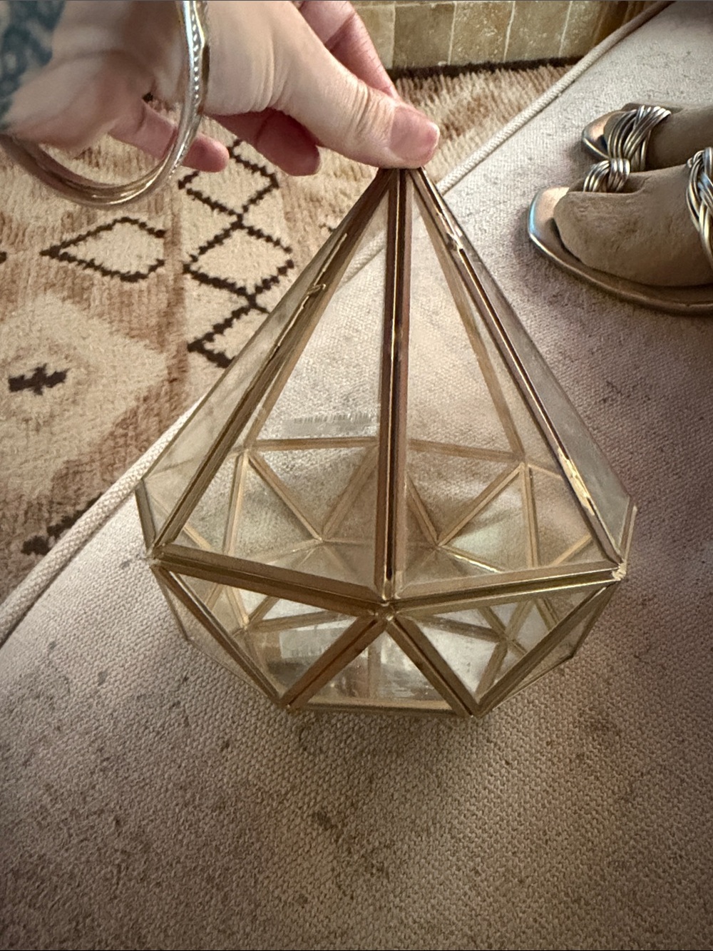 Geometric Glass Terrarium Pendant display in Brass Tone